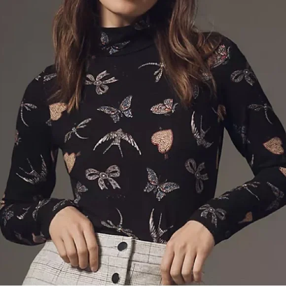 Anthropologie Black Long Sleeve Turtleneck with Butterfly and Hearts by Maeve - Picture 2 of 3